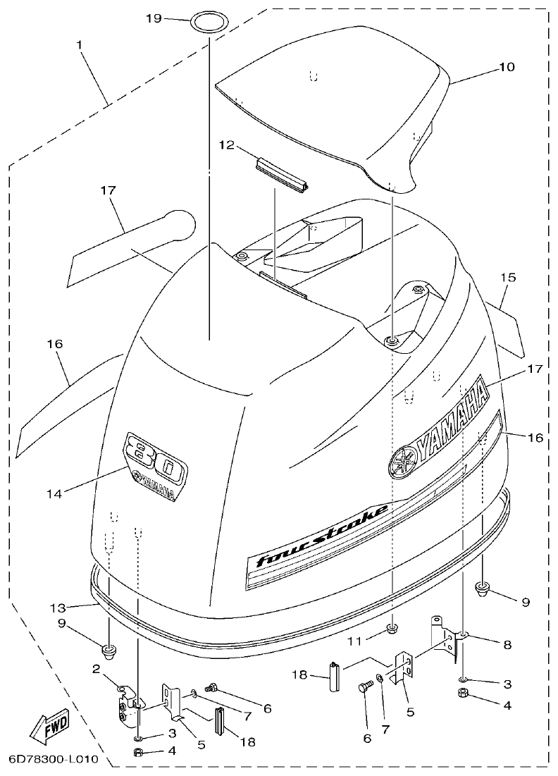 Yamaha F80BET, F100DET TOP COWLING parts diagram